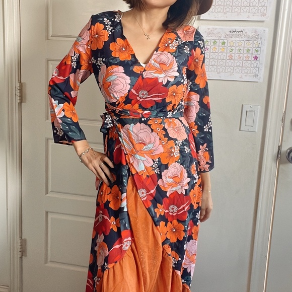 Boho Floral Print Asymmetrical Ruffle Hem Belted Maxi Dress - Picture 9 of 12